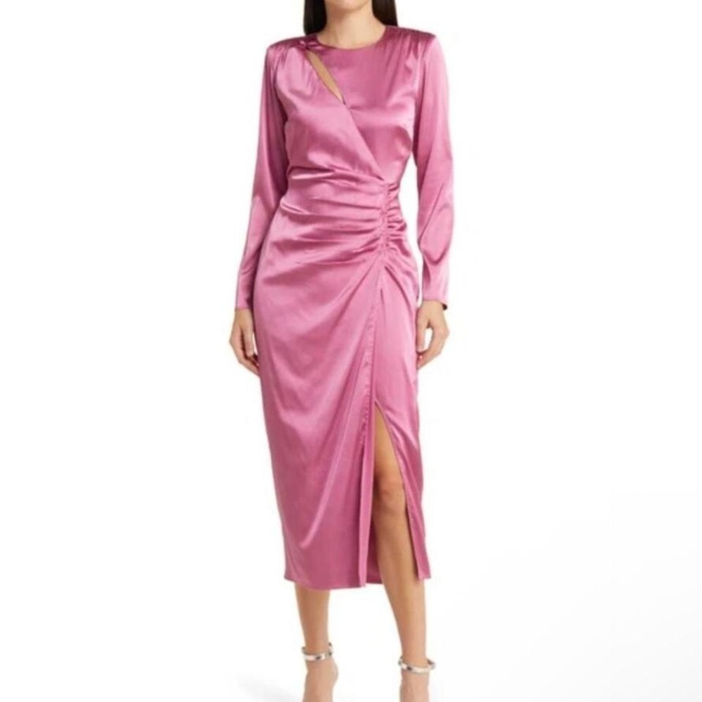 Floret studios side ruched long sleeve satin pink midi dress